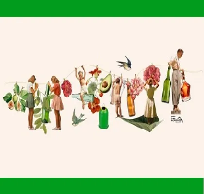 Banner con el diseño exclusivo de la ilustradora Pils Ferrer para el miniglú de reciclaje de vidrio por el 25 aniversario de Ecovidrio