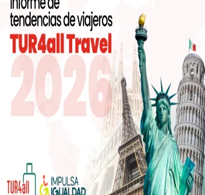Portada del informe “Tendencias de viajeros TUR4all Travel 2026”. Sobre un fondo claro con un mapa del mundo difuminado, aparecen varios monumentos emblemáticos: la Estatua de la Libertad en primer plano, la Torre Eiffel, la Sagrada Familia y la Torre de Pisa. El número “2026” destaca en gran tamaño y color rosa claro. En la parte inferior se muestran los logotipos de TUR4all e Impulsa Igualdad.