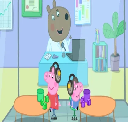 durante los dibujos George Pig haciendose una audiometría