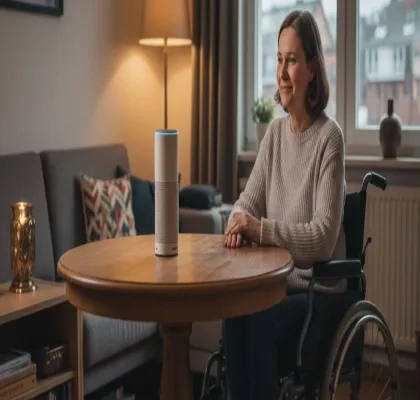 Foto generada con IA en la que se ve a una mujer usando Alexa