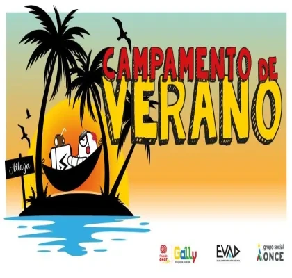 Creatividad informativa del campamento con un dibujo de una isla con palmeras en el mar