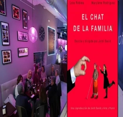 a la izquierda, un grupo de personas conversando en un restaurante con iluminación púrpura y decoración moderna; a la derecha, portada del libro "El chat de la familia" de Lola Robles y Marylène Rodrigues, con ilustración de dos mujeres y un bastón blanco.