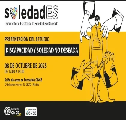 cartel del evento con el logo de soledades arriba a la izquierda, el título, la fecha y la sede en negro sobre fondo amarillo, acompañado de un dibujo de un hombre con un perro guía y unas manos mostrando ayuda a su alrededor. Se pueden ver los logos en negro al final