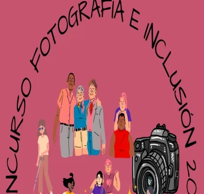 cartel del concurso con el título y varios stickers de dibujos de personas con discapacidad