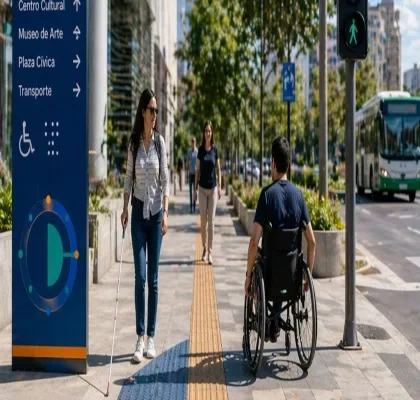 Personas con discapacidad paseando por una ciudad con varias medidas de accesibilidad