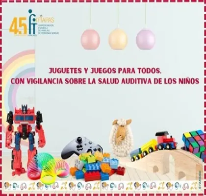 Banner de FIAPAS sobre la guía de Juguetes y juegos para todos, con vigilancia sobre la salud auditiva de los niños