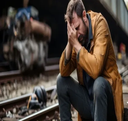 Un hombre en el espectro autista sentando en la vía férrea