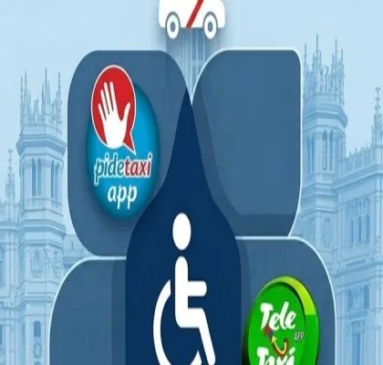 Ilustración sobre taxi adaptado y movilidad reducida con el logotipo de Pidetaxi y Teletaxi alrededor del símbolo internacional de accesibilidad, sobre un fondo azul con edificios emblemáticos de Madrid.