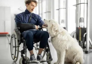 Un joven con discapacidad acaricia a su perro 