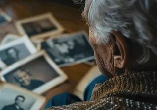 Un hombre mayor observa fotografías familiares sobre su mesa