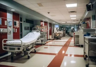 Corredor de un hospital con equipamiento médico de emergencia