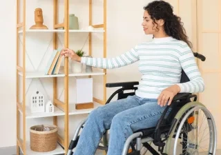 Una mujer coge un libro de una estanteria de su hogar