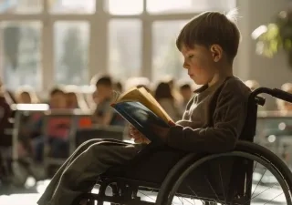 Un niño en silla de ruedas lee en un aula adaptada y accesible 