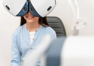 La chica sonriente haciéndose una prueba de visión con una máquina en los ojos 