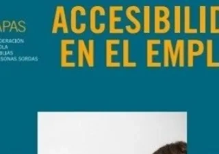Portada de la guía “Accesibilidad en el empleo” de Fiapas. Sobre un fondo azul turquesa aparece el logotipo de la Confederación Española de Familias de Personas Sordas en la esquina superior izquierda y el título en letras grandes amarillas en la parte superior. En la zona inferior se aprecia parcialmente una fotografía recortada de una persona, de la que solo se ve una pequeña parte de la cabeza.