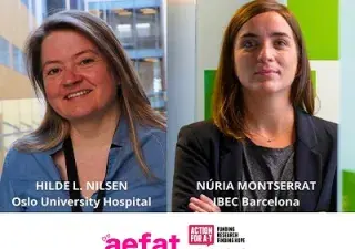 Banner de Aefat con la investigadora Hilde L. Nilsen del del Oslo University Hospital y Núria Montserrat Pulido del IBEC Barcelona, que lideran los dos nuevos proyectos para la investigación de la ataxia telangiectasia (Fuente: Aefat)