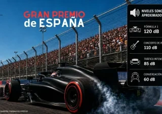 Imagen promocional del Gran Premio de España de Fórmula 1..En la imagen aparece un gráfico informativo con niveles sonoros aproximados: Fórmula 1 (120 dB), concierto de rock (110 dB), tráfico intenso (85 dB) y conversación (60 dB), destacando la importancia de proteger la audición frente al ruido.