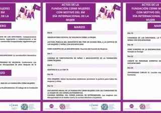Infografía en 3columnas con calendario de actos de la FCM por el 8M. Incluye actividades en febrero y marzo: intervenciones en el Congreso, sesiones del Observatorio Feminismo y Discapacidad, conferencias universitarias, lectura del Manifiesto 8M, presentación de la Memoria Social, participación en foros sobre justicia, violencia y derechos de mujeres y niñas con discapacidad. En la parte inferior aparecen los logotipos de Fundación CERMI Mujeres, CERMI y el 20 aniversario de la Convención ONU