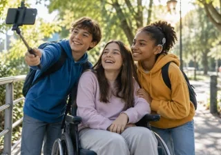 Tres adolescentes participan juntos en una actividad al aire libre en un parque accesible. Una de las personas utiliza una silla de ruedas y aparece en el centro de la imagen, mientras otra sostiene un teléfono móvil en un palo para hacerse una fotografía. A la derecha, una tercera persona lleva un implante auditivo visible. Al fondo se observan árboles y un camino peatonal iluminado por luz natural.