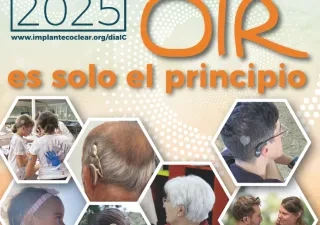 cartel del dia del implante coclear. aparecen fotos de cabezas de personas con implantes.