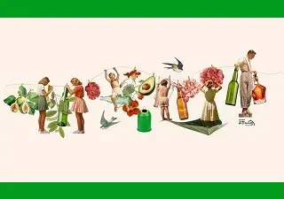 Banner con el diseño exclusivo de la ilustradora Pils Ferrer para el miniglú de reciclaje de vidrio por el 25 aniversario de Ecovidrio