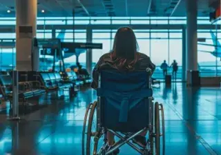 Una persona con movilidad reducida y en silla de ruedas en un aeropuerto (Fuente: Rehatrans)