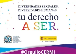 Imagen con un fondo claro decorado con puntos de colores y formas curvas en tonos vivos. En el centro aparece el mensaje principal: “Diversidades sexuales, diversidades humanas. Tu derecho a ser”, con la palabra “SER” destacada en colores del arcoíris. En la parte inferior se sitúan varios logotipos institucionales, entre ellos CERMI, el 20 aniversario de la Convención Internacional sobre los Derechos de las Personas con Discapacidad, el Gobierno de España y FELGTBI+. En la franja inferior destaca el hashta
