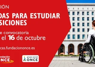 Cartel de la V edición de las ayudas de Fundación ONCE para estudiar oposiciones. Sobre un fondo rojo aparece el texto “Ayudas para estudiar oposiciones” y el plazo de solicitud hasta el 16 de octubre. A la derecha, una persona usuaria de silla de ruedas observa un edificio institucional. En la parte inferior se muestran los logotipos de Fundación ONCE y Grupo Social ONCE, junto a la dirección becas.fundaciononce.es.