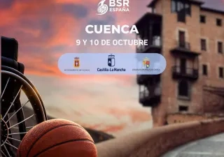 Cartel de la V Supercopa de España de baloncesto en silla de ruedas. En primer plano aparecen un balón de baloncesto y parte de una silla de ruedas, con la ciudad de Cuenca al fondo. La imagen anuncia la celebración del torneo los días 9 y 10 de octubre e incluye los logotipos de BSR España, Fundación ONCE, FEDDF, CaixaBank y el Consejo Superior de Deportes.