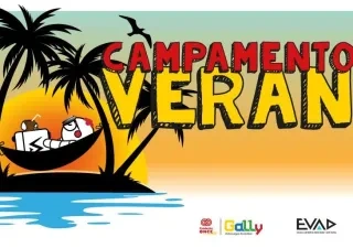 Creatividad informativa del campamento con un dibujo de una isla con palmeras en el mar