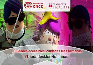 Banner de la campaña "Ciudades accesibles, ciudades más humanas", protagonizada por los conocidos personajes de la serie ‘ON Fologüers’ de Fundación ONCE