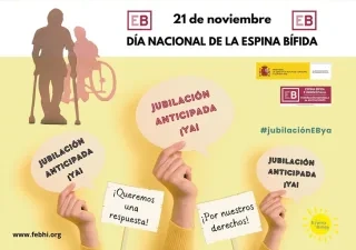 Imagen de la campaña de la FEBHI sobre la jubilación anticipada, con carteles dentro de la imagen solicitándolo como si fuera una manifestación