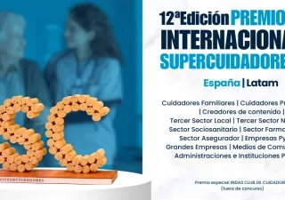 Cartel promocional de la 12.ª Edición de los Premios Internacionales SUPERCUIDADORES 2026. A la izquierda aparece una escultura con las letras “SC” elaborada con pequeños cilindros de corcho sobre una base con la inscripción “Premios Supercuidadores”. A la derecha, sobre fondo claro, se lee el título del evento y las categorías participantes: cuidadores familiares y profesionales, creadores de contenido, tercer sector, sectores sociosanitario, farmacéutico, asegurador, empresas pymes, grandes empresas, medi