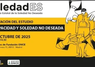 cartel del evento con el logo de soledades arriba a la izquierda, el título, la fecha y la sede en negro sobre fondo amarillo, acompañado de un dibujo de un hombre con un perro guía y unas manos mostrando ayuda a su alrededor. Se pueden ver los logos en negro al final
