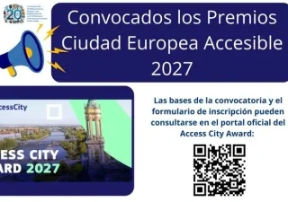 Cartel informativo del CERMI sobre los Premios Ciudad Europea Accesible 2027. En la parte superior aparece el texto “Convocados los Premios Ciudad Europea Accesible 2027” junto a la ilustración de un megáfono. A la izquierda hay una imagen de una ciudad con el texto “Access City Award 2027” y la etiqueta “#EUAccessCity”. A la derecha se indica que las bases y el formulario de inscripción están disponibles en el portal oficial del premio, acompañado de un código QR.