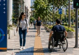 Personas con discapacidad paseando por una ciudad con varias medidas de accesibilidad