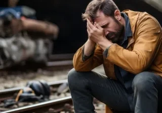 Un hombre en el espectro autista sentando en la vía férrea