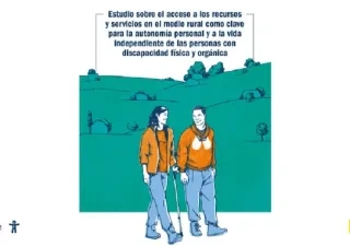 portada del estudio "Acceso a recursos y servicios sociosanitarios de las personas con discapacidad física y orgánica en el medio rural: Un análisis desde el diseño de estudios de caso". Luego hay un dibujo de dos personas caminando por un bosque, junto a el logo de COCEMFE y del Ministerio de Asuntos Sociales