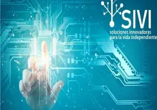 Banner con una persona utilizando un ordenador de pantalla de cristal y un entramado de circuitos informáticos de fondo y las iniciales de SIVI (Soluciones Innovadoras para la Vida Independiente) - (Fuente: Cluster SIVI)