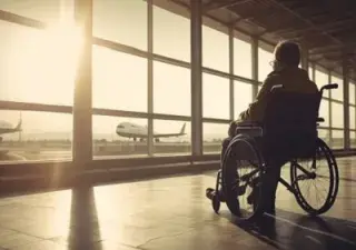 Una persona en silla de ruedas espera en un aeropuerto (Fuente: 123RF/margoalexa)