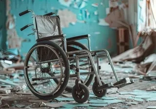 una silla de ruedas en medio de una habitación de una casa derruida 