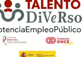 Logotipo del programa Talento Diverso Potencia Empleo Público sobre fondo blanco. En la parte superior aparece un icono formado por tres figuras estilizadas en gris y rojo, junto al texto “TALENTO DiVeRso”. Debajo se lee “PotenciaEmpleoPúblico”. En la zona inferior aparecen los logotipos de la Fundación Derecho y Discapacidad y la Fundación ONCE. En la parte inferior se muestra el logotipo del Gobierno de España y del Ministerio de Derechos Sociales, Consumo y Agenda 2030.