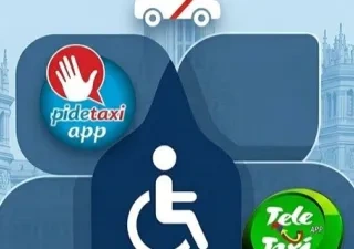 Ilustración sobre taxi adaptado y movilidad reducida con el logotipo de Pidetaxi y Teletaxi alrededor del símbolo internacional de accesibilidad, sobre un fondo azul con edificios emblemáticos de Madrid.