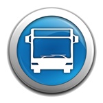 Autobús blanco, dentro de un circulo azul con borde gris con fondo blanco, de la guía de transporte urbano