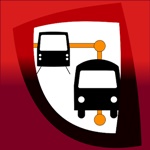 Dos autobuses negros, en perspectiva con fondo blanco y rojo, de la guía de transporte urbano